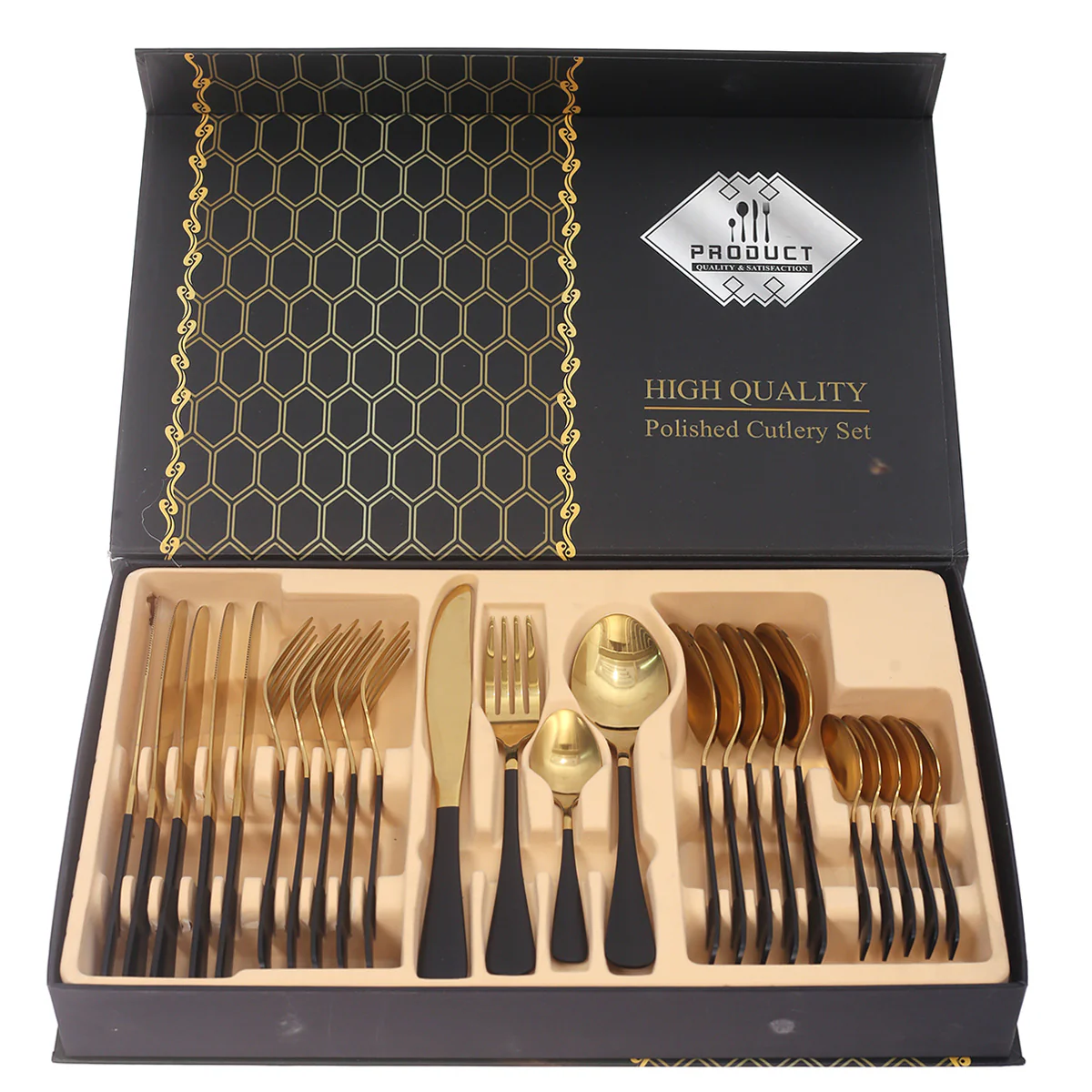 3307005279_1 24Pcs Cutlery Set Black & Gold 16 X 10 X 2.5 Inch WS-001 - Image 1